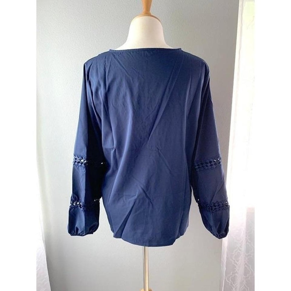 Navy Blue Crochet Lace V-Neck Long Sleeve Blouse Boho Top XL - Picture 5 of 8